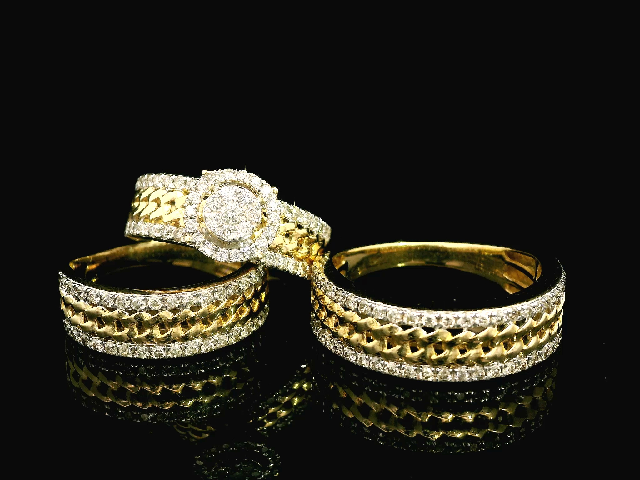 10K YELLOW GOLD 1.50CT WEDDING SET TRIO CUBAN LINK ACCENT DESIGN