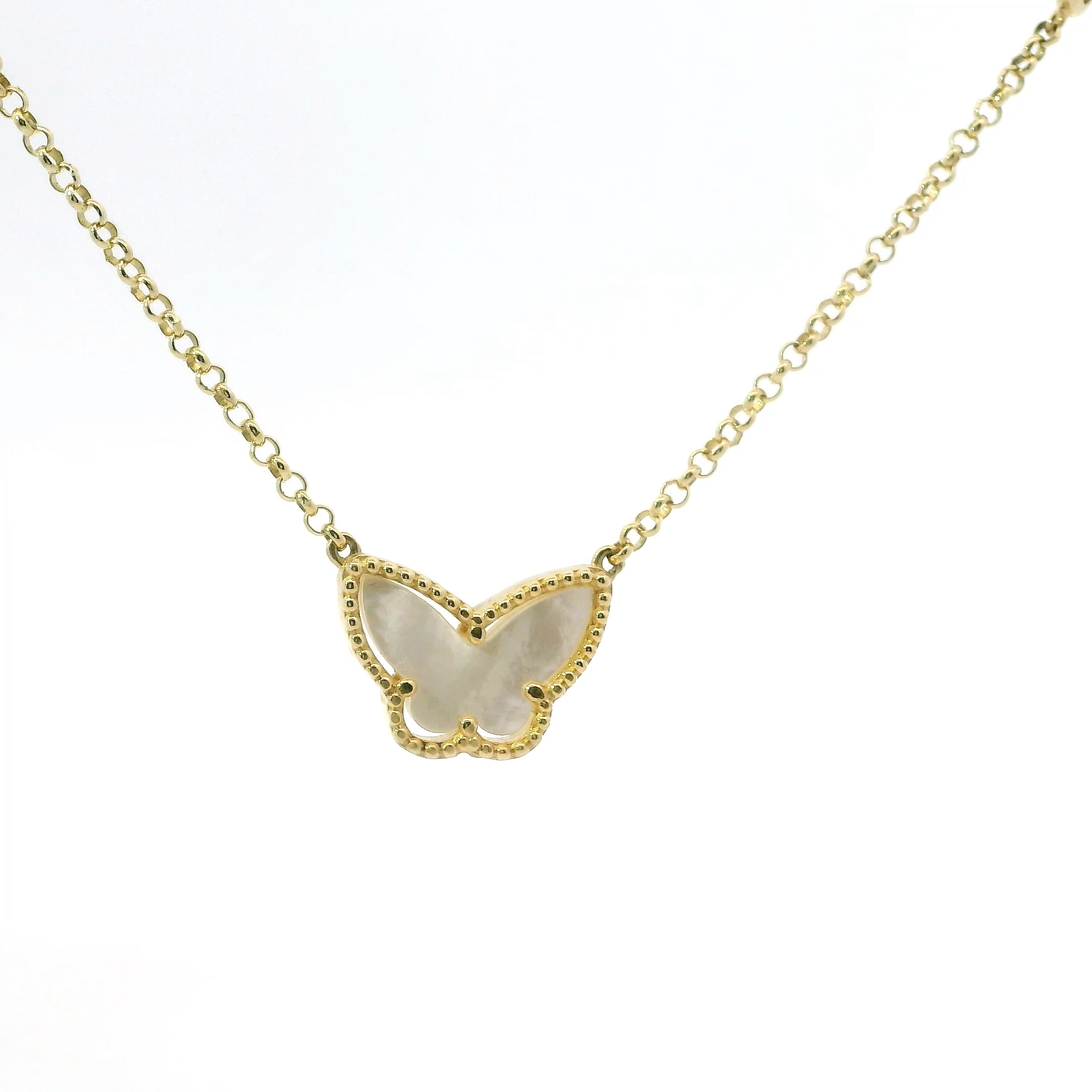14K YELLOW GOLD MOTHER OF PEARL BUTTERFLY NECKLACE - Image 2